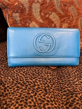 Gucci Soho Large Flap Long Wallet in Blue with Interlocking G logo